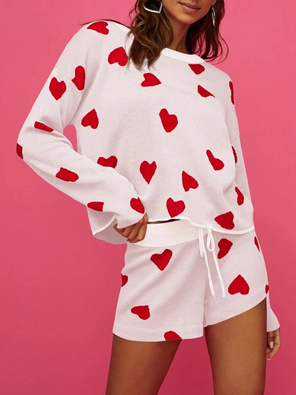 Conjunto de pijama de 2 piezas para mujer, top de manga larga con estampado de corazón, pantalones cortos con cordón, Conjunto de pijama de punto para el Día de San Valentín