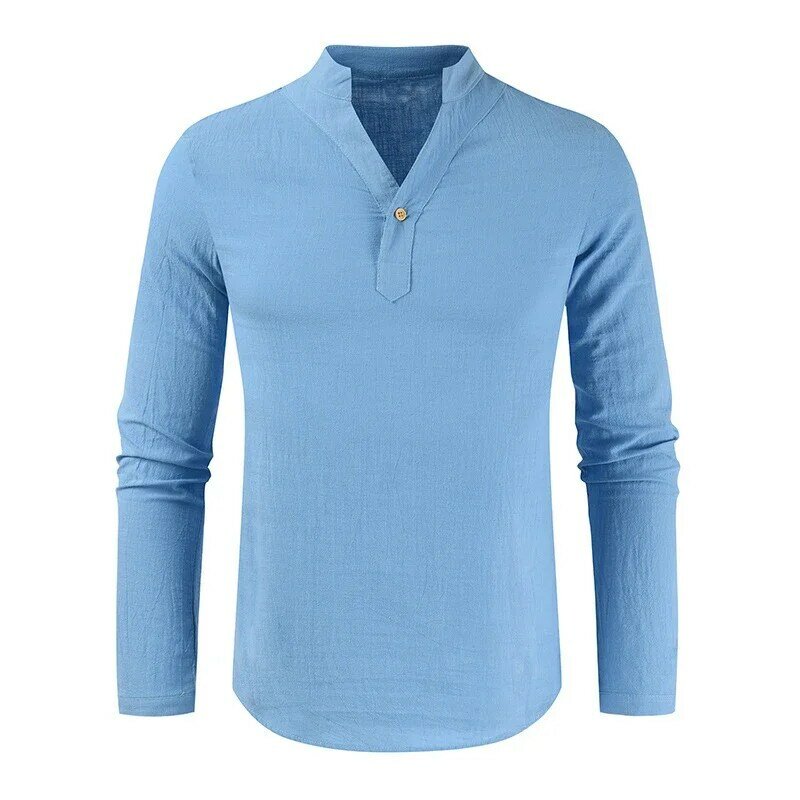 Fashion V-Neck Solid Color Long Sleeve Loose Men's Shirt One Button Stand Collar Shirt Beach Male Casual Shirt Clothing For Man