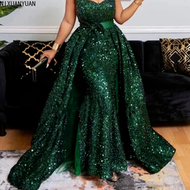 取り外し可能なスパンコールスカート付きの豪華なグリーンのイブニングドレス,カクテルドレス,結婚式のための取り外し可能な取り外し可能なアクセサリー
