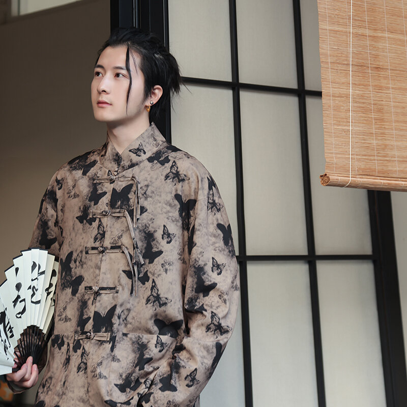 Casaco masculino estampado borboleta, camisa de manga longa, terno hanfu tang melhorado, botão j, novo chinês