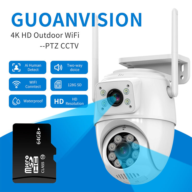 Cámara de Video de vigilancia 4K 8MP HD Wifi, lente Dual, PTZ, IP, CCTV, cámara de seguridad inalámbrica para exteriores, visión nocturna, icsee, seguimiento automático