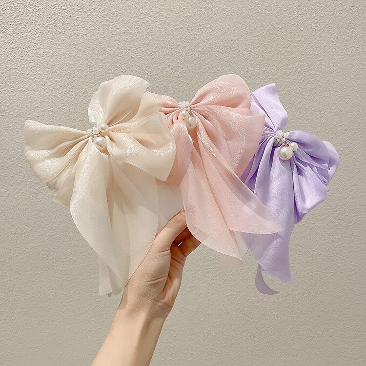 New Women's Long Ribbon Bow Spring Clip Solid Color High Grade Pearl Sweet and Cute Duckbill Clip Spring/Summer Fashion Headwear