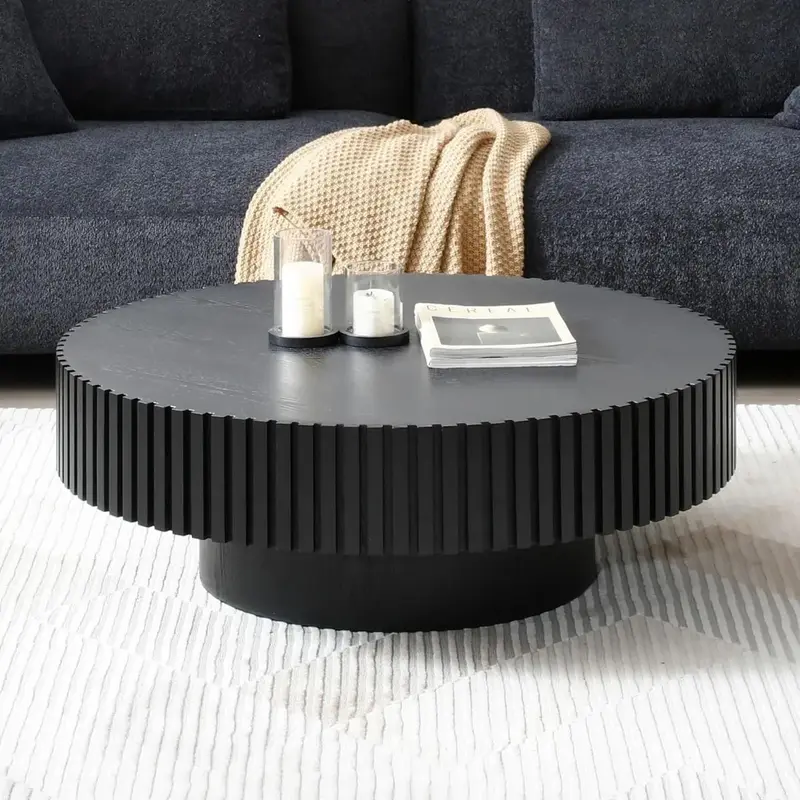 Runder Couch tisch, Holz Beistell tische für Wohnzimmer, moderne kreisförmige geriffelte Trommel Beistell tische, einfache Montage, Couch tisch