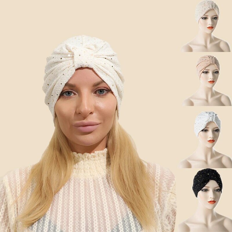Sombrero elástico de algodón de alta calidad, pañuelo plisado para la cabeza, pañuelo musulmán para la cabeza, con lentejuelas de Dubái, sombrero indio, Turbante para Mujer
