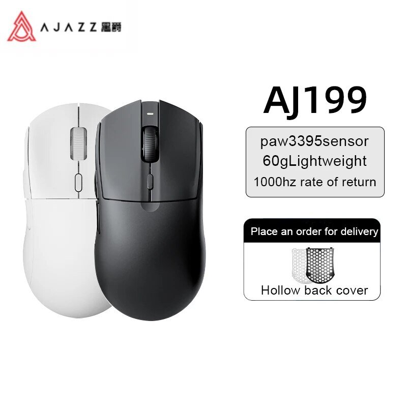 AJAZZ AJ199 Mouse nirkabel, 2.4GHz + kabel Aaming PAW3395 Mode ganda hitam