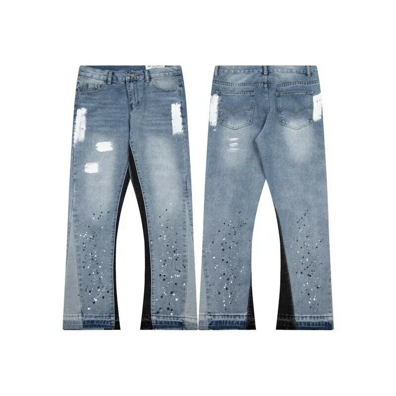 Y2K retro high street splashed ink hole splicing jeans men's and women's trend brand American straight slim micro-flared pants