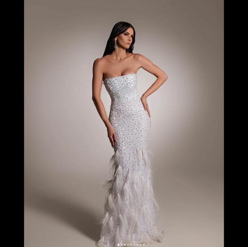 Strapless High End Pearl Embroidery A-line Evening Dress With Feathers New Fashion Female Formal Banquet Party Prom Gowns
