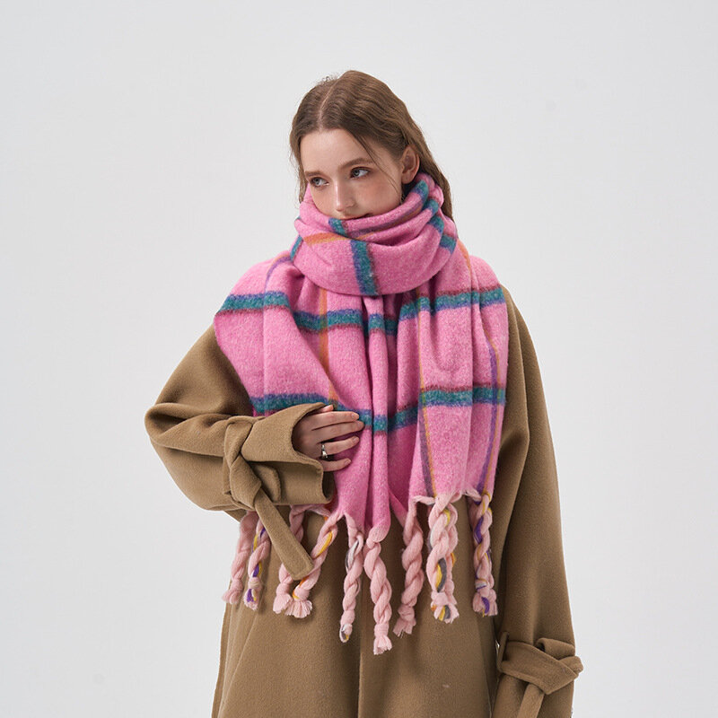 Lenço xadrez rosa para mulheres, borla longa quente, bandana, lenço feminino foulard, xale e envoltórios, design de inverno, 2023