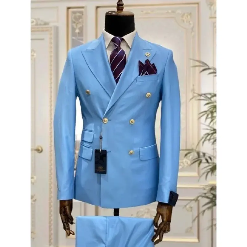 Azzurro Peak risvolto uomo abiti Costume Homme doppio petto Prom smoking da sposa sposo Terno Masculino Slim Fit Blazer 2 pezzi