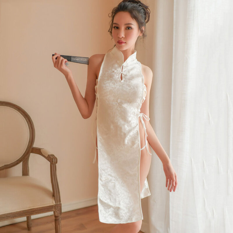 Baju tidur Cheongsam Cina gadis Qipao gaun Oriental seksi wanita perban terpisah renda berlubang pakaian tidur Gaun Lingerie Cina