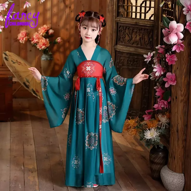 여아 중국 고대 슈퍼 요정 한푸 어린이 의상, 당나라 정장 드레스, 어린이 공주 드레스, 중국 스타일 무대