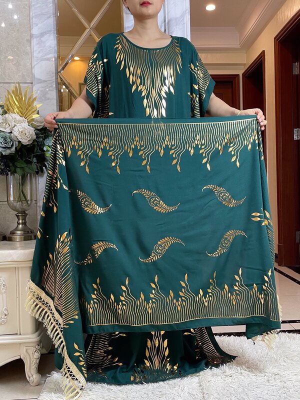 2024 Summer Short sleeve Dress Pure Cotton Gold Stamping Loose Abaya Maxi Islam Dress With Tassels Big Scarf African Long Dress