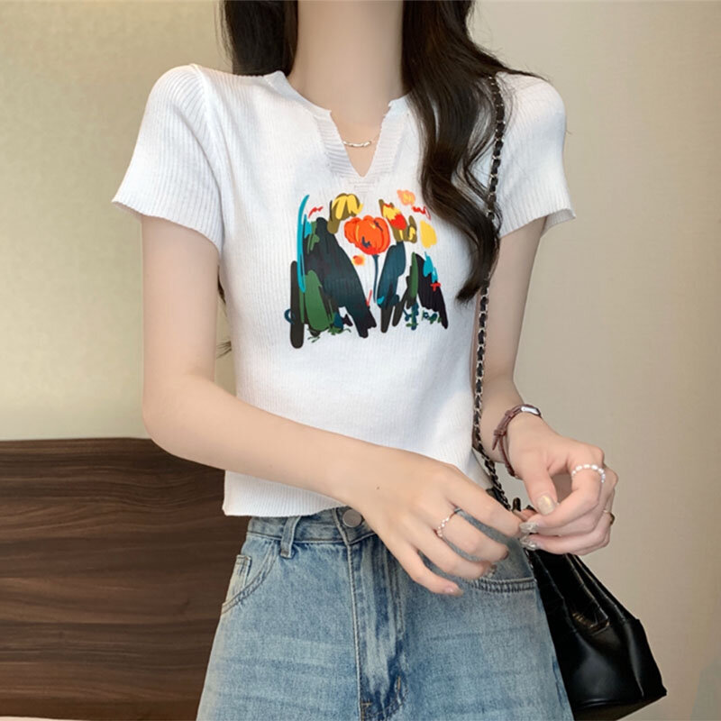 Camiseta de punto con estampado de moda coreana para mujer, camisetas de punto suaves de manga corta, camisetas ajustadas para mujer, Tops