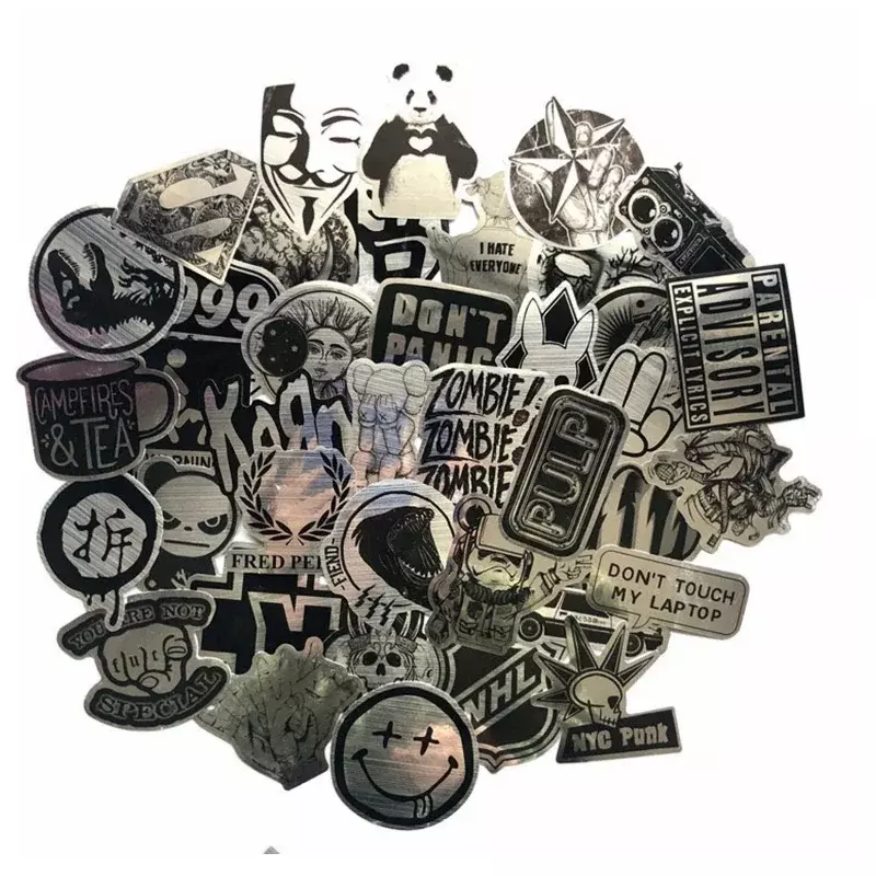 50pcs Metallic Black and White Stickers for Laptop Skateboard Luggage Car Styling Home Decor JDM Cool Waterproof Sticker