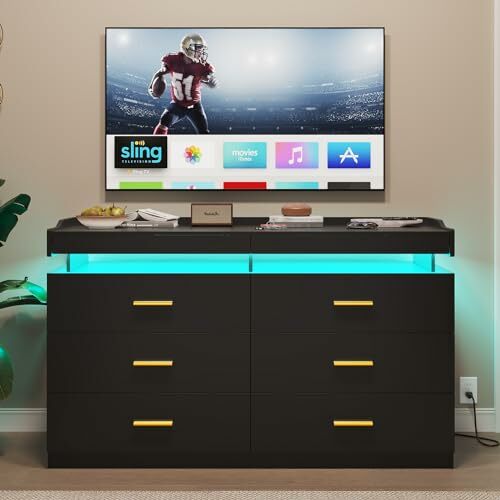 A! LED Dresser for Bedroom Wood, 6 Drawer Dresser with 2 Pull-Out Trays, Chest of Drawers for Bedroom