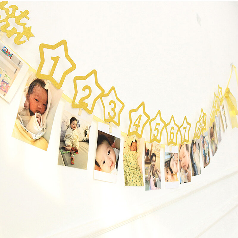 Szczęśliwe zdjęcie urodzinowe rama Banner dla rodziny pierwsza strona dekoracji dzieci Baby Boy dziewczyna 1 rok 12 miesięcy noworodka prysznic