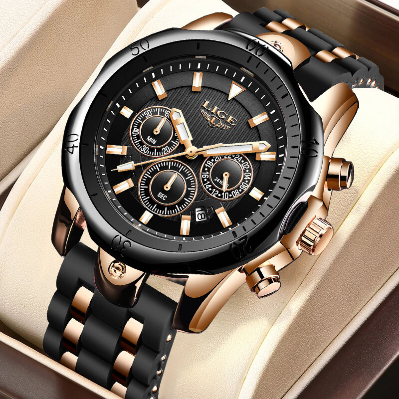 LIGE-Montre de sport en silicone pour homme, montre-bracelet militaire à quartz, chronographe, horloge masculine, boîte