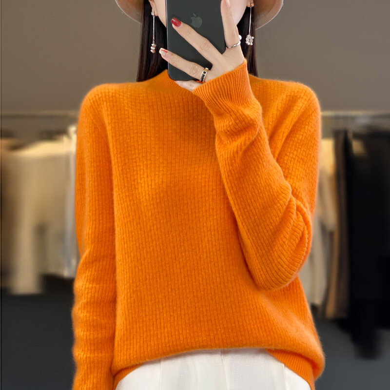 Sweater rajut serbaguna wanita, baju Sweater setengah leher tinggi lengan panjang 23 musim gugur/musim dingin sambungan bambu 100% wol murni longgar