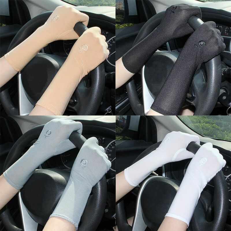 ถุงมือขับรถบางยาวปานกลางสำหรับผู้หญิงถุงมือกันแดดป้องกันรังสี UV
