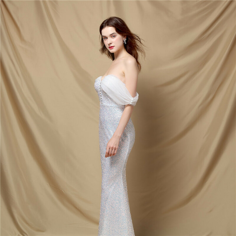 Женское вечернее платье-русалка, белое, синее платье с блестками, с открытыми плечами, на пуговицах, для выпускного вечера, свадьбы, торжества, вечеринки