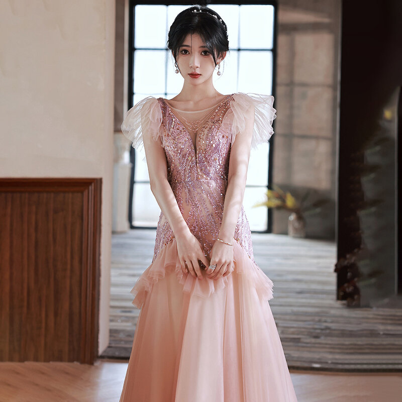 女性のためのピンクのドレス,新しい,気質のある,白い薄手のVライト,ガーゼのフリルスリーブ,ロマンチックなドレス,ソフトスタイル