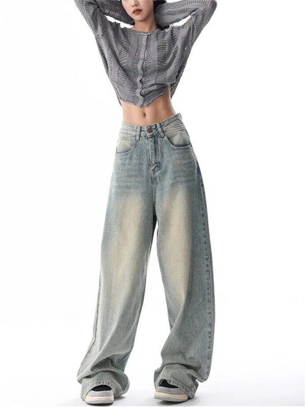 Amerikaanse Vintage Gewassen Dunne Jeans Street Casual Neutrale Stijl Blauwe Denim Broek Dames Hoge Taille Rechte Broek