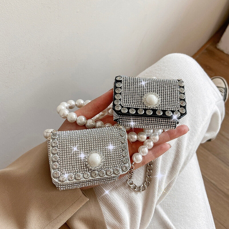 Bolso cruzado con cadena larga de perlas para mujer, Mini bolsa cuadrada con diamantes de imitación de diseñador de lujo, bolsa Vintage para lápiz labial, 2024