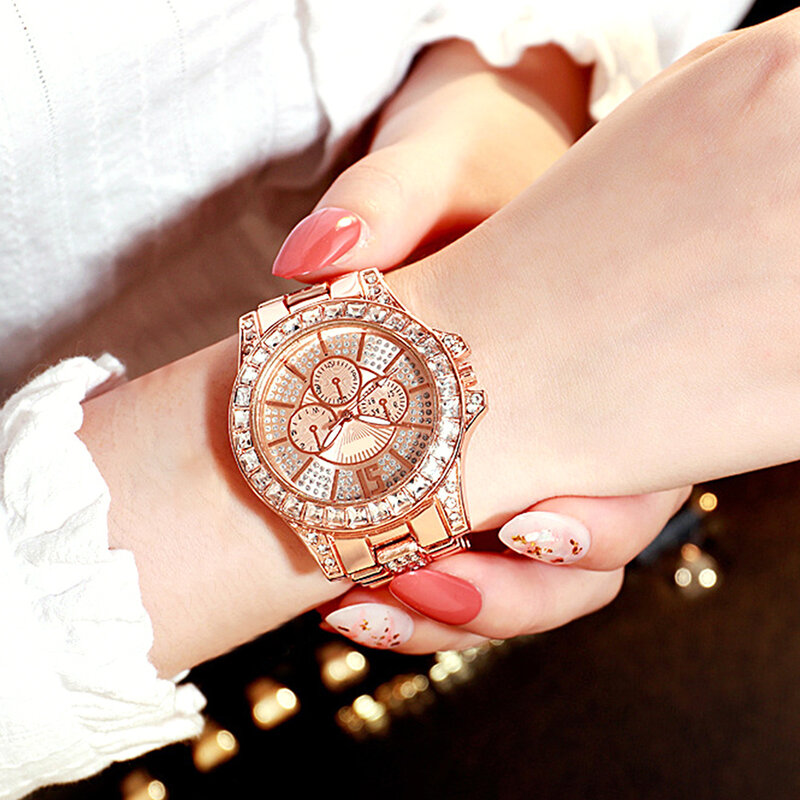 Reloj de pulsera redondo con diamantes brillantes para mujer, accesorios de joyería personalizados, reloj de lujo para mujer