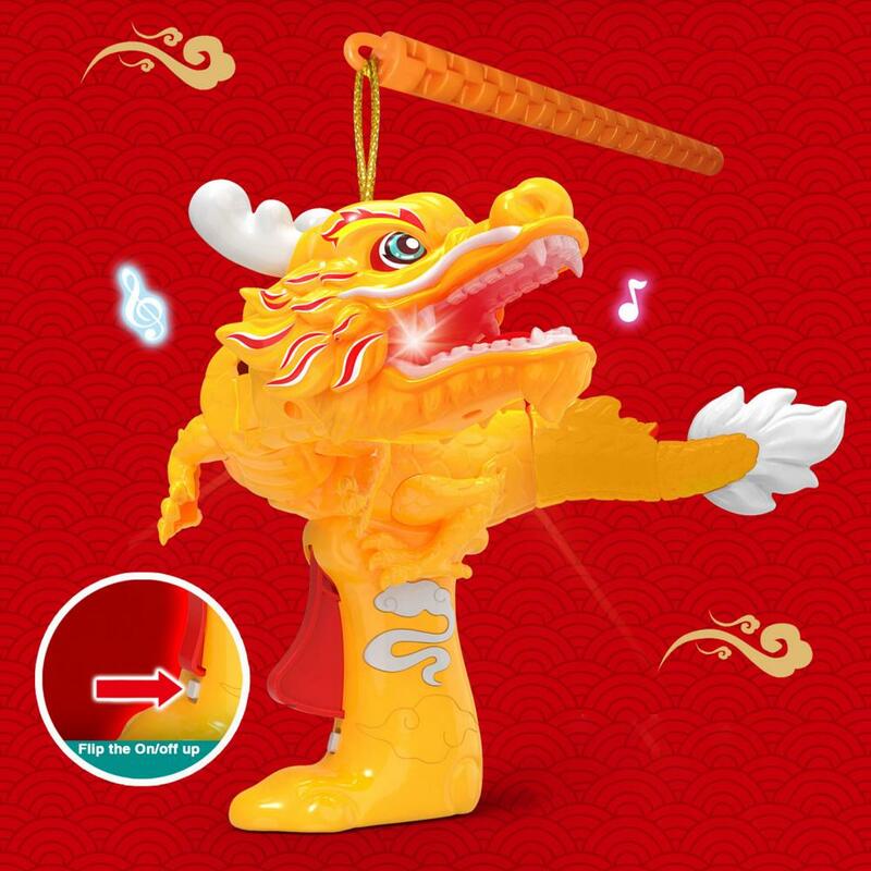 Mainan naga Cina emas dengan cahaya suara kepala ayun tekan Tai pelega stres berdiri naga interaktif mainan anak-anak