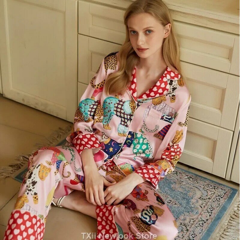 Pijama de seda gelo manga longa feminina, terno sentido high-end, estilo Ins, lapela, primavera, verão, casa, esqui