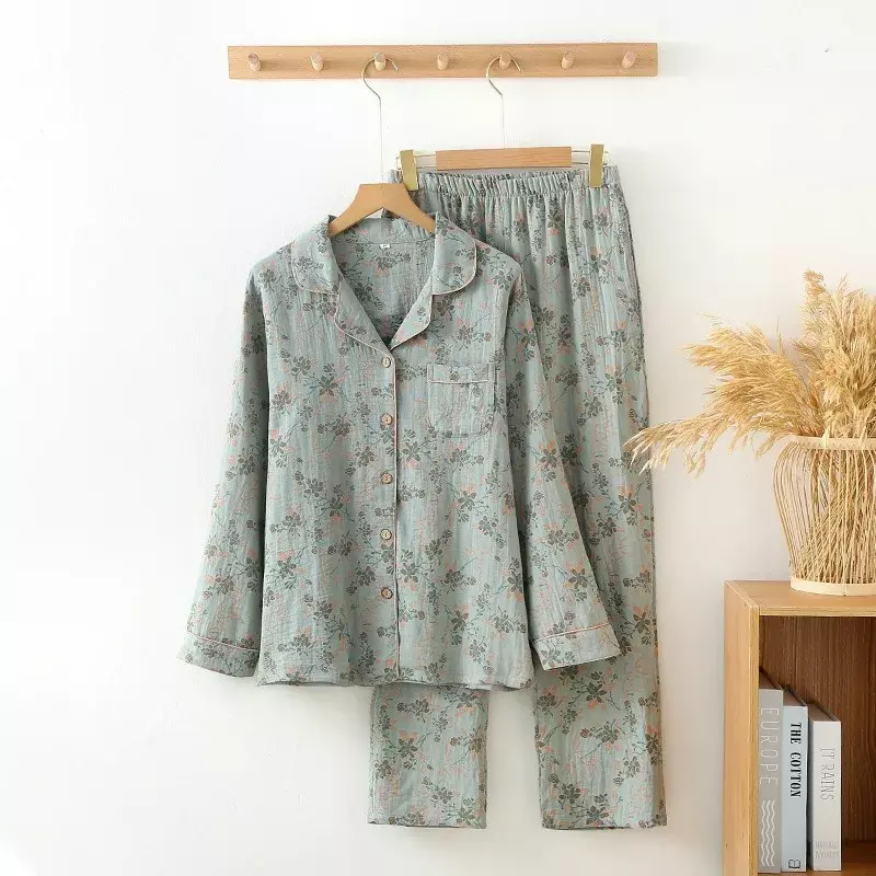 Conjunto de pijamas de algodón con estampado de flores para mujer, pantalones de manga larga con cuello vuelto, ropa de casa Vintage, primavera y otoño, nuevo