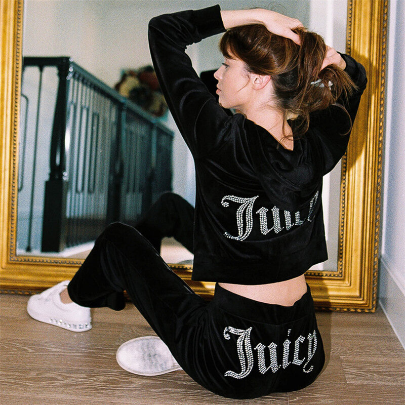 Activewear da donna Y2k Juicy Bling Velour giacca con cappuccio a maniche lunghe + pantaloni da pista tuta con Logo a due pezzi Fashion Diamond