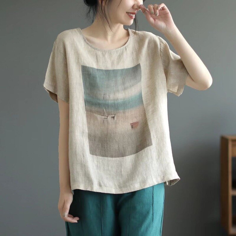 2024 Frauen Sommer neue Retro Baumwolle Leinen Rundhals ausschnitt einfarbig geometrisch bedruckte Kurzarm T-Shirts dünne lose lässige Tops