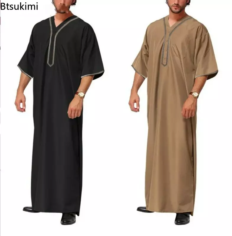 2024 Moslim Mannen Jubba Thobe Stevige Knoop Kimono Midden Gewaad Saudi Moslim Man Shirt Opstaande Kraag Islamitische Arabische Kaftan Mannen Abaya