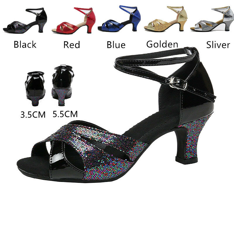 Zapatos de baile latino con purpurina para mujer, suela de gamuza de goma, zapatos de baile de salón, Tango, Salsa, fiesta, tacón bajo, 3,5 CM/5,5 CM
