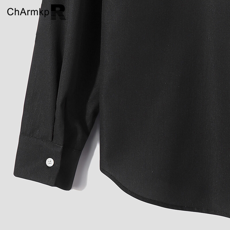 ChArmkpR 남성 의류 라펠 긴팔 셔츠, 스트리트웨어 프린트 패치워크 상의, 패션 2024 여름 셔츠