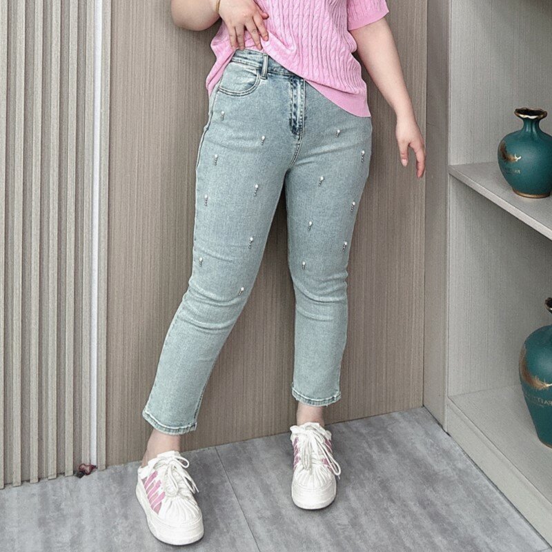 Jeans Lurus bermanik-manik wanita, celana rokok kasual ukuran besar ramping meregang pinggang tinggi musim semi Musim Panas 2024