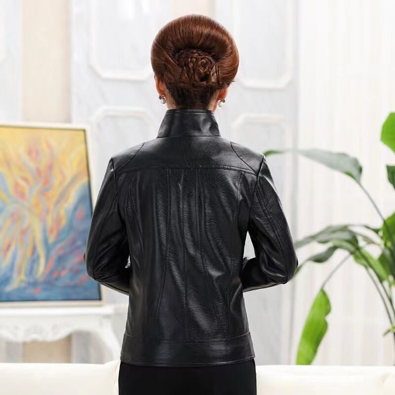 Women New Korean Outwear Slim Middle-Aged Elderly Leather Jacket PU Leather Coats New Coat 2024Spring Autumn Female Overcoat Top