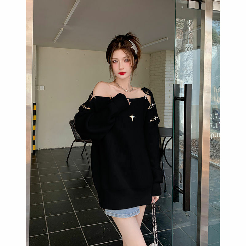 Contrast Star Off-Shoulder Sweater American Fashion Lazy One Shoulder Knit Sweater Hot Girl Loose Pullover Long Sleeve Tops J90