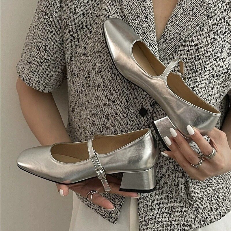 Comemore Silver Shoes for Girls Women's Chunky Heel Mary Jane Shoe 2024 New Autumn Low Heel Leather High-heeled Sandals Pumps
