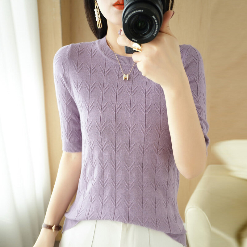Pull Jacquard à manches courtes et col rond pour femme, tricot en laine, ample, mode coréenne, été, 2022