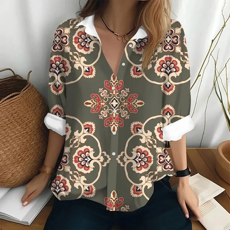Dames Lente Zomer Shirt Mode Losse Knoop Revers Plant Print Top Feest Elegant Lange Mouw 2024 Nieuw