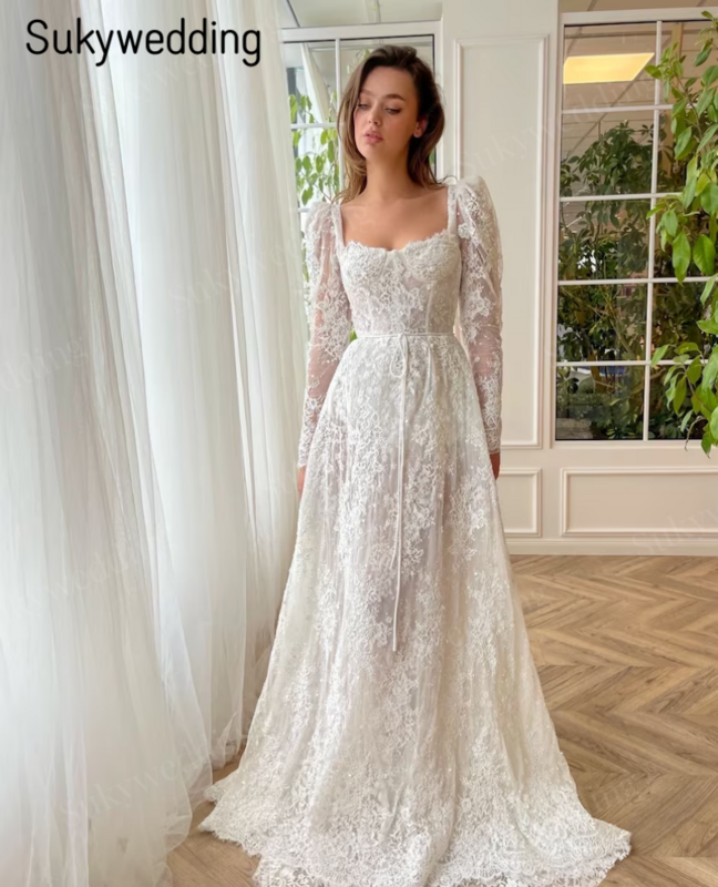 Ethereal Lace Reverie Wedding Dresses with Floral Lace Illusion Long Sleeves Sweetheart Neck Cinched Waist Bridal Gowns Lace Up
