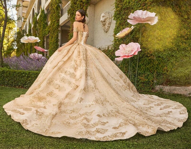 Szampańska księżniczka Quinceanera ubiera suknię balową z ramienia koronkowe perły słodkie 16 sukienek 15 Años meksykańskie