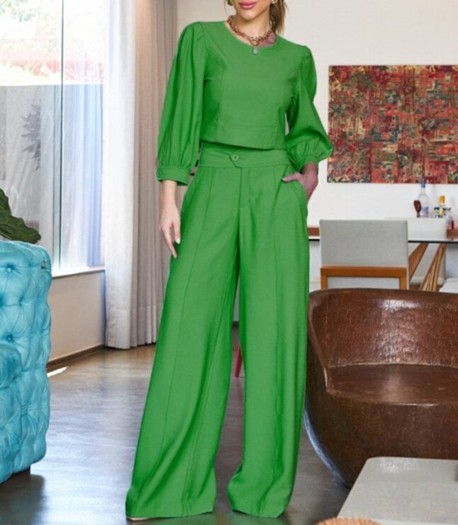 Conjunto feminino de calças largas de manga curta e cintura alta, roupas femininas de duas peças, glamorosas calças pendulares, moda, 2 peças