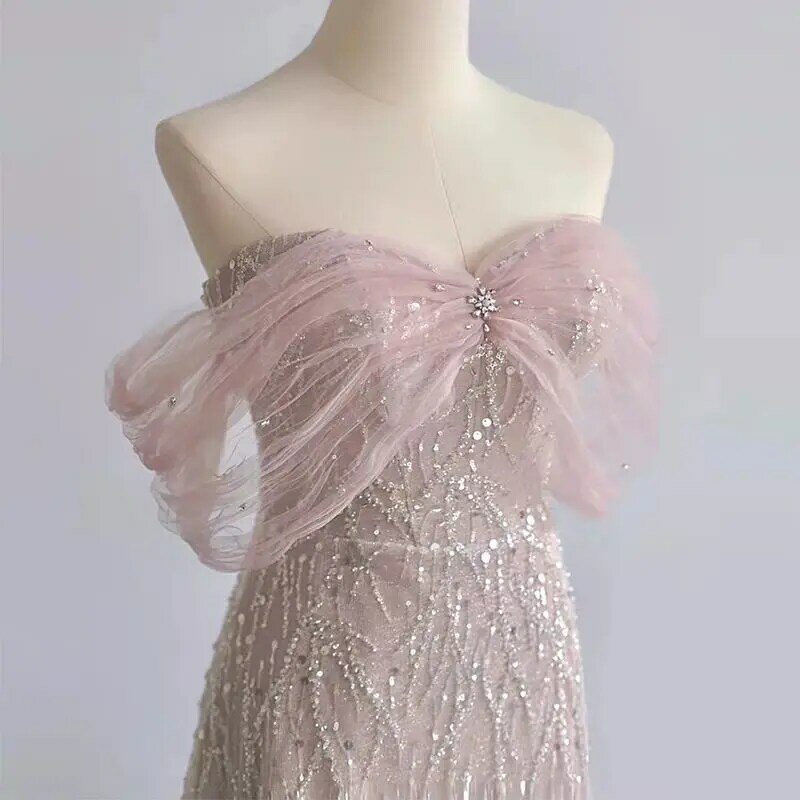 100% prawdziwe zdjęcie luksusowa różowa sukienka na studniówkę Bling kryształy koraliki syrenka Party suknia wieczorowa Sexy Off Shoulder formalna szata De Mariée