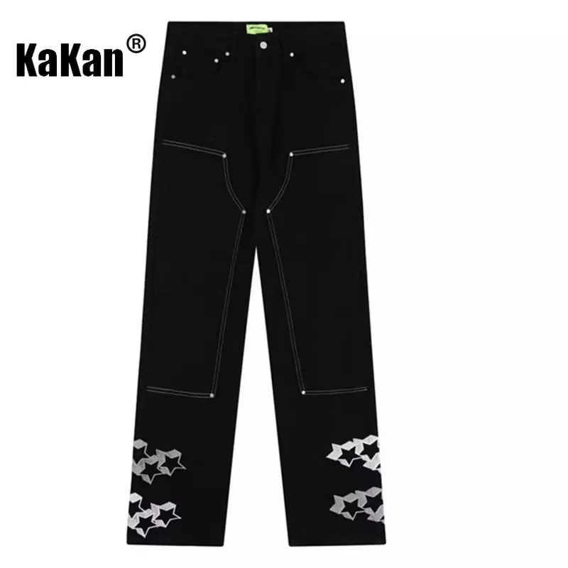 Kakan-jeans bordir bintang pria, Jeans panjang hitam longgar jalanan tinggi K27-5302 Eropa dan Amerika