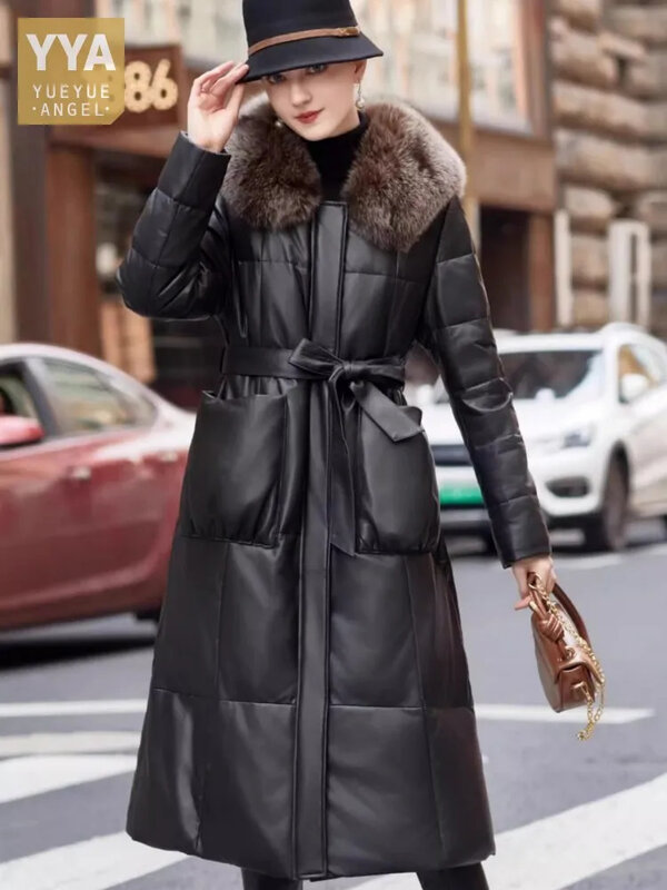 女性の本物の羊の革のロングコート、ジッパー付き、暖かいオーバーコート、高級キツネの毛皮の襟、女性のオフィスファッション、冬