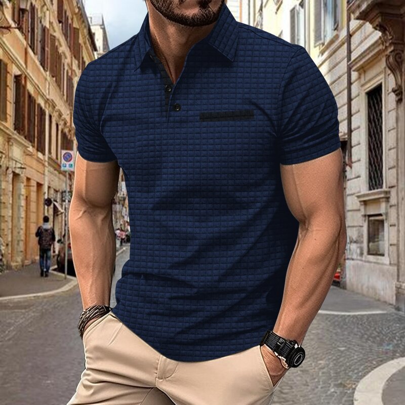 Camisa polo casual de manga curta masculina, camiseta na moda do escritório, polo xadrez jacquard respirável, roupa masculina, verão