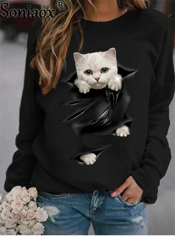 Sudadera fina con capucha para mujer, suéter de manga larga con estampado 3D de gato bonito, Tops de moda Harajuku, ropa de otoño, 2022